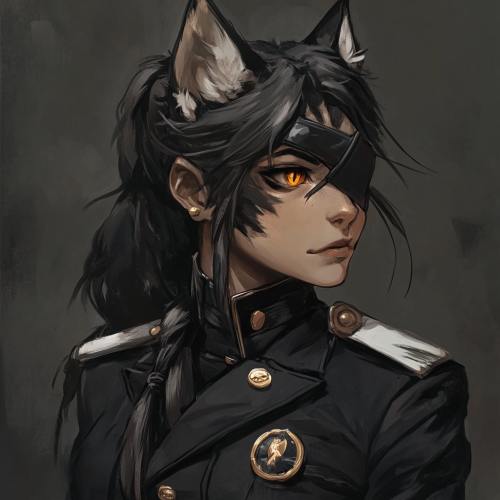 Female half wolf Captain in black military uniform eyepatch.
