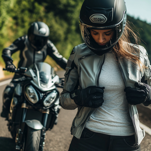 Female motorcyclist dressing with motorcycle on road mockup  Female motorcyclist dressing with motorcycle on road mockup