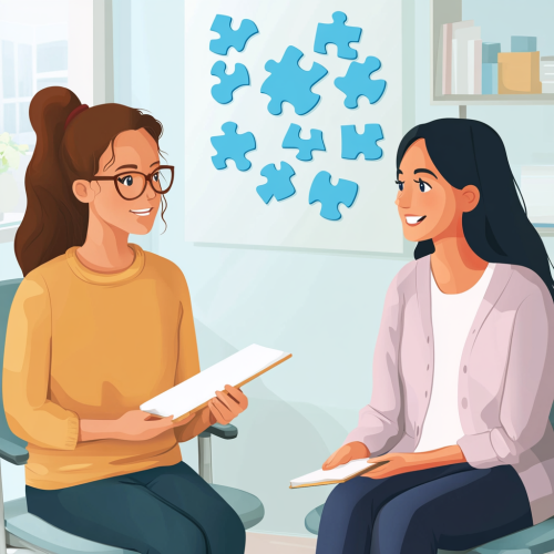 Female psychologist, woman, glasses, smiling, notebook, office, vivid, lifelike, blue puzzle pieces.