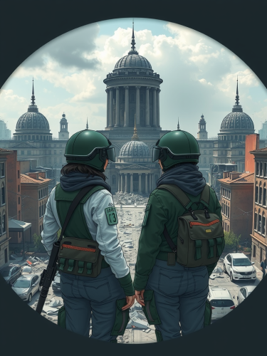 Female soldiers in front of destroyed city.