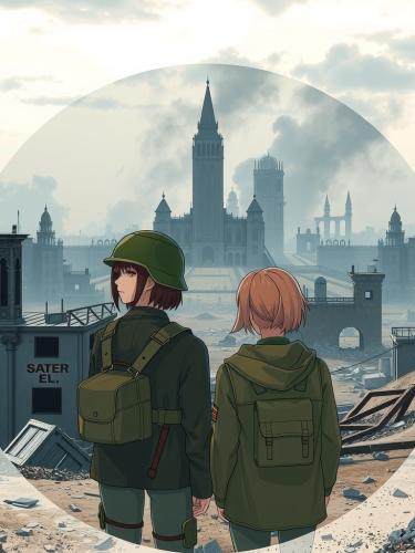 Female soldiers stand in destroyed city (VR drawing).