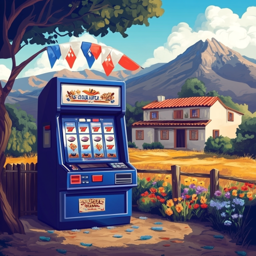 Festive Slot Machine with Chilean Colonial House Background 