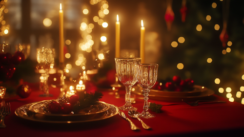 Festive dining table with red tablecloth and candles