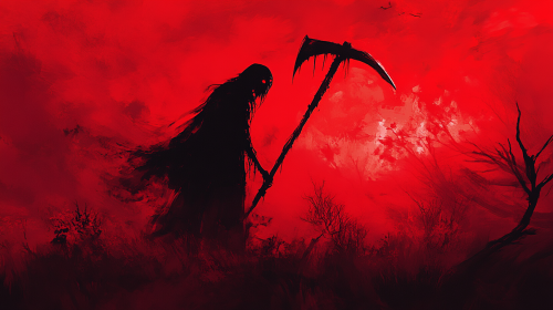 Fierce skeleton in black cape wields scythe.