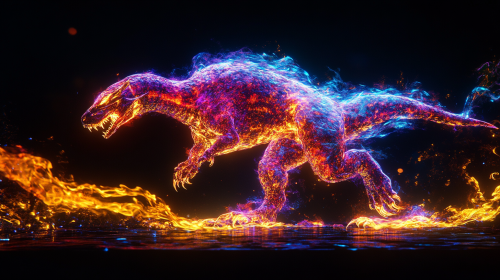 Fiery Anvilwrought Raptor walks in shimmering flames.