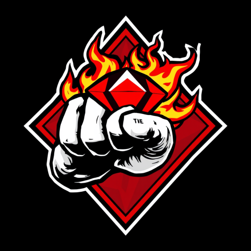 Fiery fist holds red diamond in logo sketch.