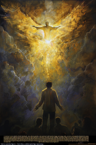 Figure torn between revenge and restraint, divine justice depicted. Figure torn between revenge and restraint, divine justice depicted.