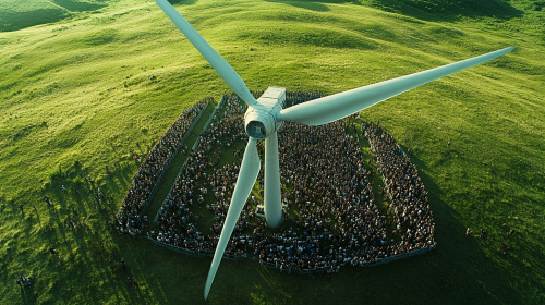 Film of wind turbine in green pasture, crowd watching.
