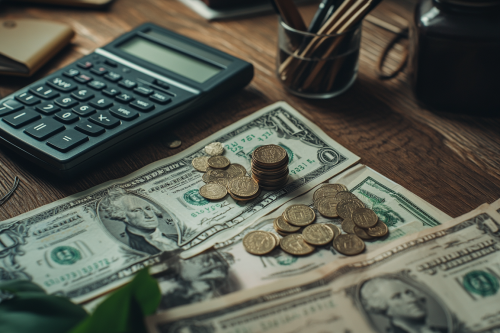 Desk with Money, Coins, Calculator