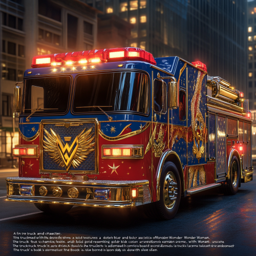 Fire truck inspired by Wonder Woman, glowing golden accents.