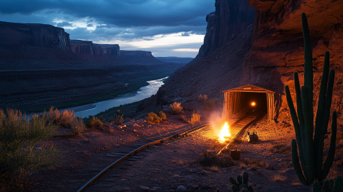 First person at campfire near mining cavern at dawn.