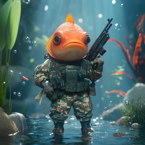 Fish in military uniform with rifle underwater scene. Fish in military uniform with rifle underwater scene.