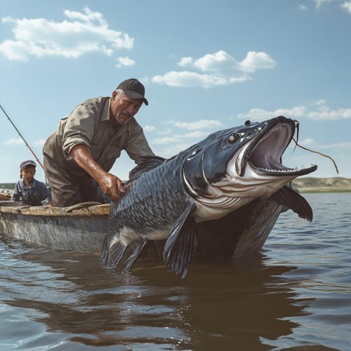 Fisherman in 50s catching catfish in Kazakhstan. Two observers.