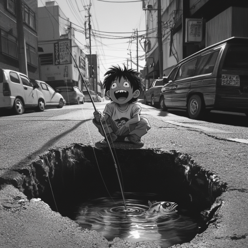 Fishing boy in Disney style sits in road pothole