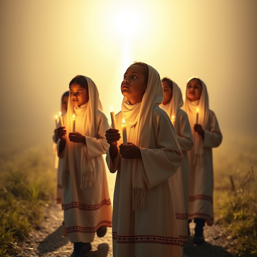 Five Ethiopian girls holding candles towards bright future.