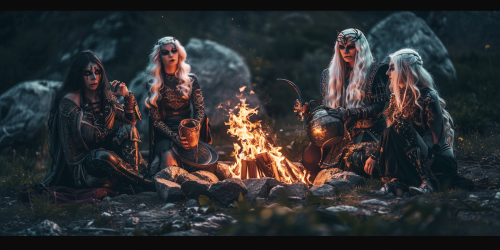 Five goddesses in front of bonfire, captured by camera.