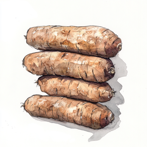 Five long wild yams stacked together in watercolor