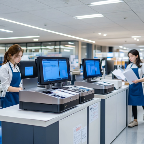 Five modern scanning machines on office desk