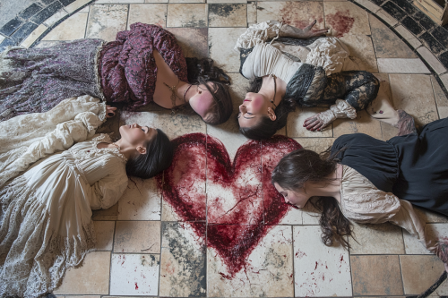 Five women in old-fashioned dresses on heart-printed floor