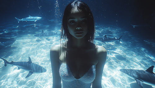 Floating Brazilian woman and sharks in purple tones