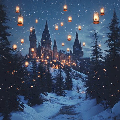 Floating candles illuminate snowy winter landscape