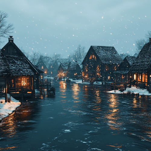 Flooded medieval village at snowy winter night