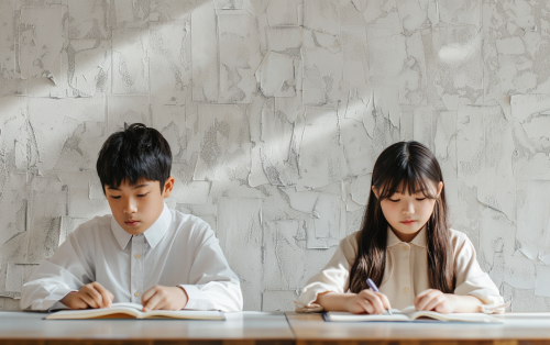 Focused Korean students studying English in serene setting