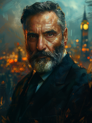 Focused man in dark suit with intense gaze