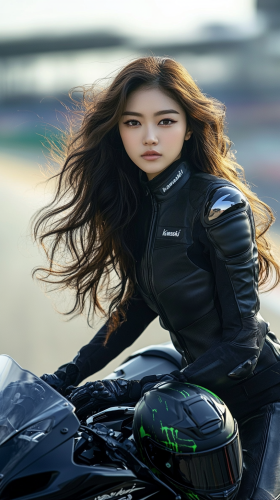 Focused racer on a Kawasaki Ninja at racetrack