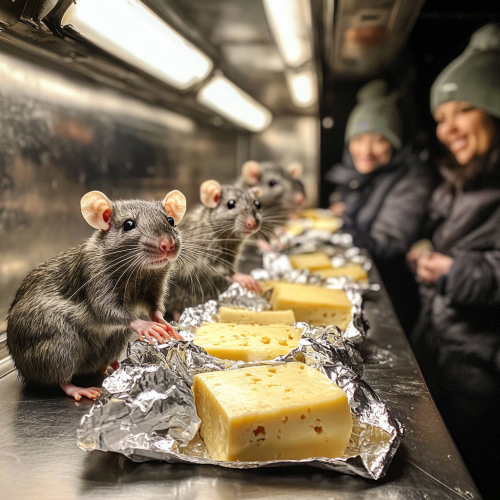 Food truck with rat chefs serving cheese hunks.