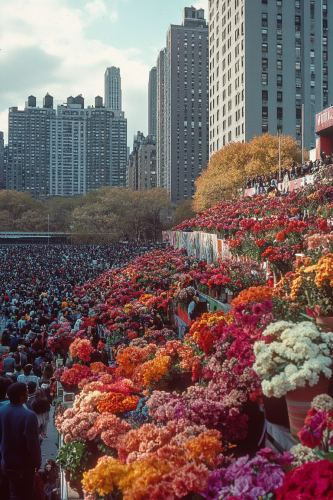 Football stadium in NYC, Fall, crowded streets, flowers overflowing.
