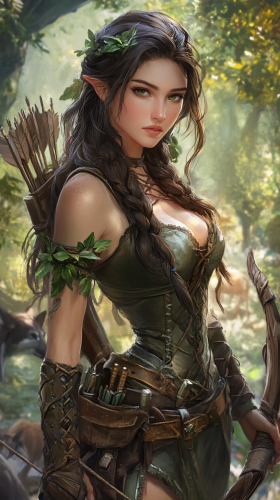 Forest Ranger with long dark hair, green eyes, bow.