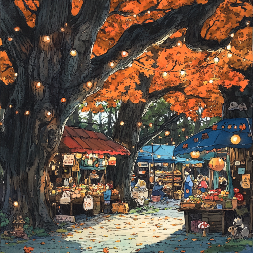 Forest animals shop at vibrant tree market stalls