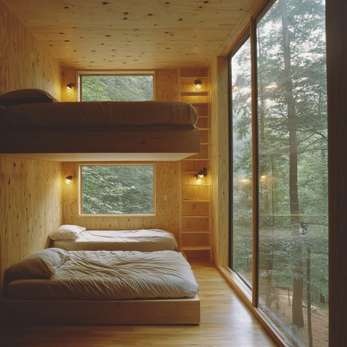 Forest cabin with bunk beds, raining view, split level Forest cabin with bunk beds, raining view, split level
