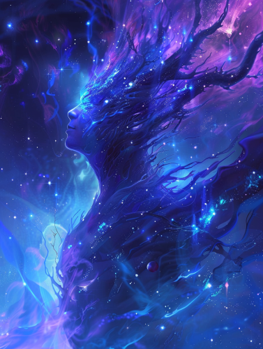 Forest spirit talking to smoke spirit in galaxy wonder.