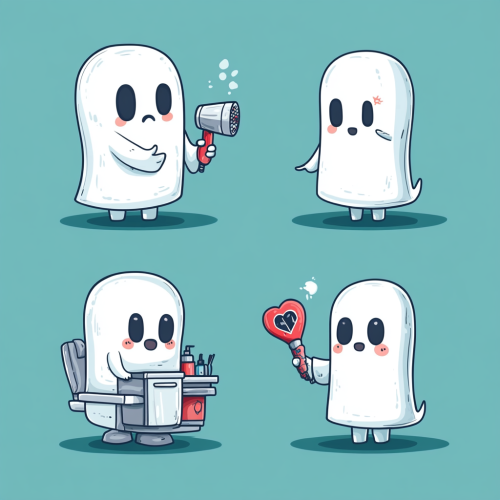 Four adorable ghost characters doing different jobs