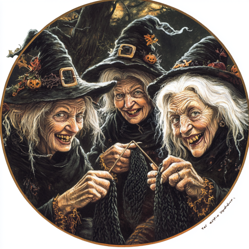Four old witches knitting black scarf for Halloween