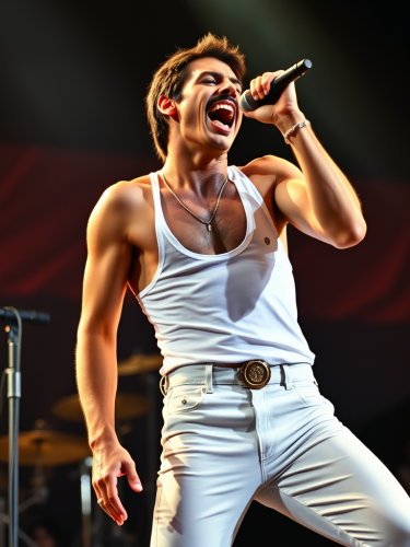 Freddy Mercury Singing in White Outfit, Giant Teeth
