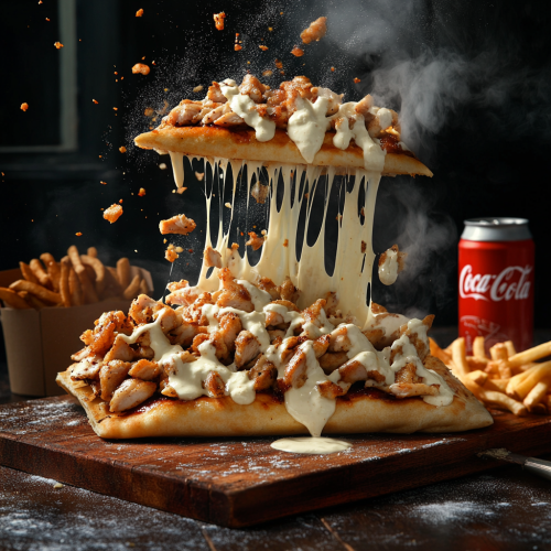 French Tacos Galette armeniane cut in half, flying ingredients.