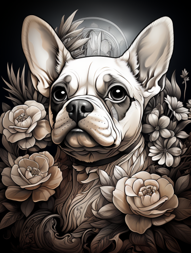French bulldog with expressive eyes in intricate doodle style.