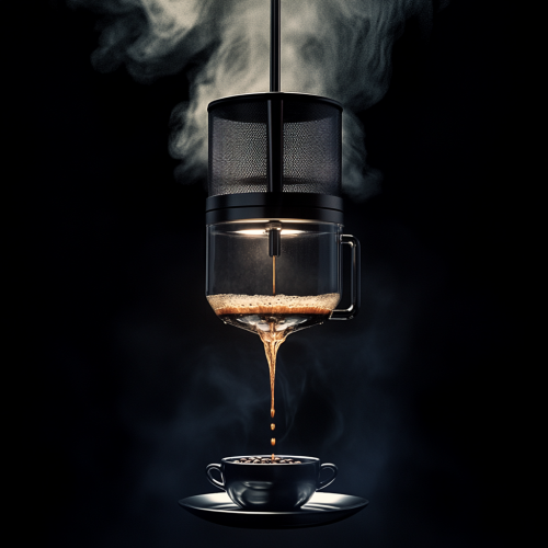 French coffee press pours hot black coffee into cup