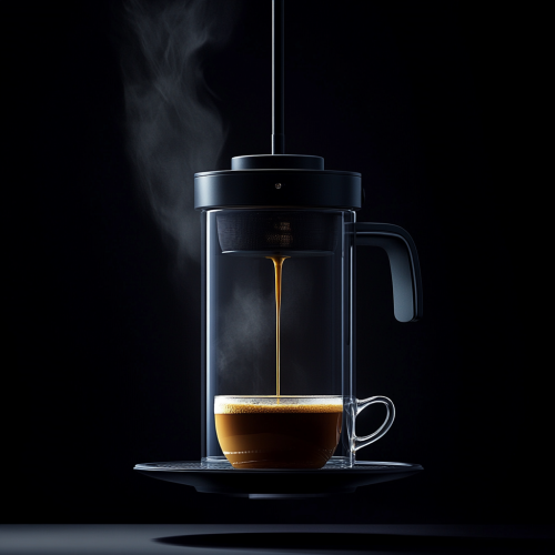 French coffee press pours hot coffee into cup