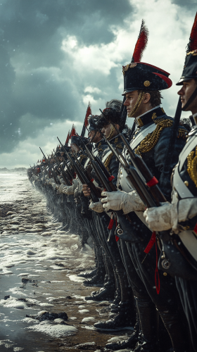French soldiers donning uniforms with bayonets under stormy skies. French soldiers donning uniforms with bayonets under stormy skies.