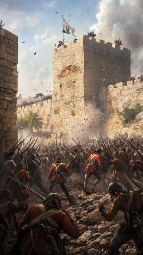 French soldiers in Jaffa wearing military uniforms with muskets.