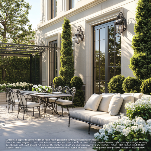 French-style roof garden with elegant outdoor furniture and lighting.