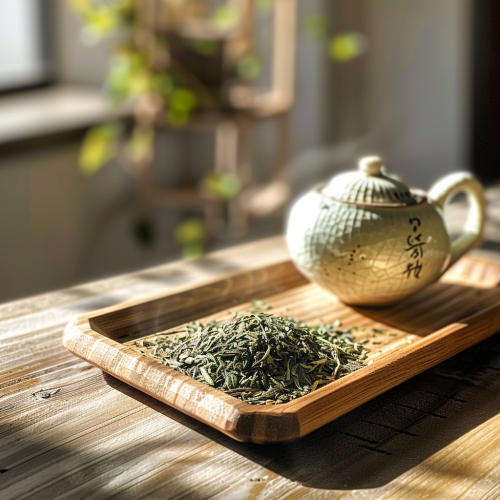 Fresh Green Tea Leaves on Tray with Teapot