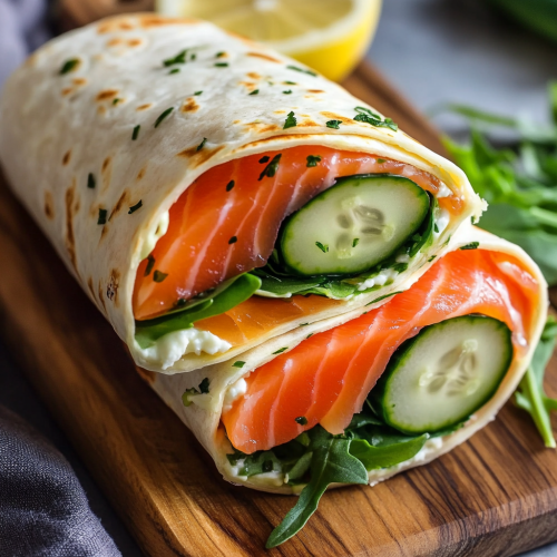 Fresh Smoked Salmon Wrap on Wooden Board