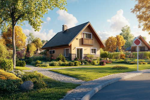 Freshly painted house for sale with signpost