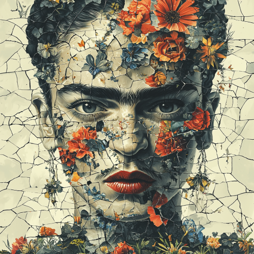 Frida Kahlo's fractured glass portrait tattoo style theme.