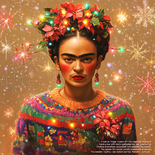 Frida Kahlo in Christmas sweater with festive lights